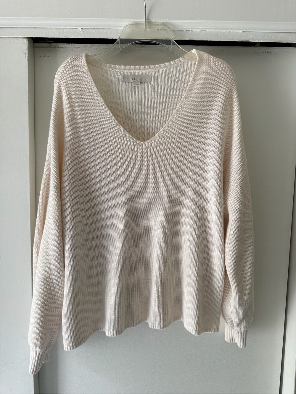 LOFT Light Cream V-Neck Relaxed Knit Sweater